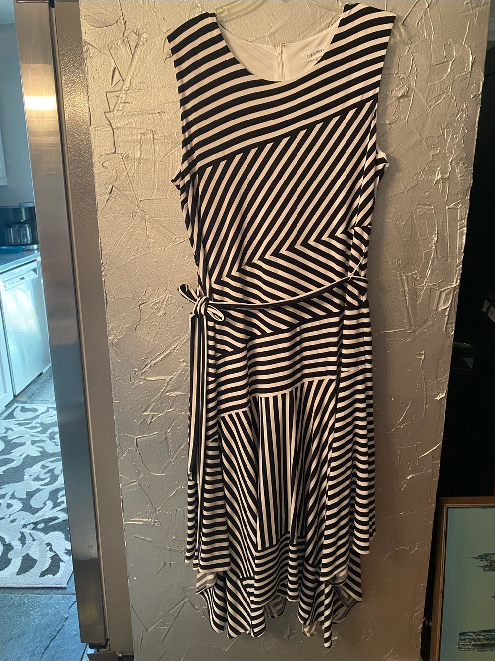 Calvin Klein Black & White Asymmetrical Striped Handkerchief Dress